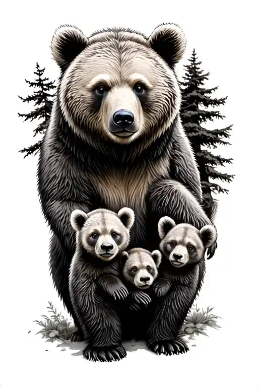 Daddy Bear With 2 Cubs Some Tree Siloetts
