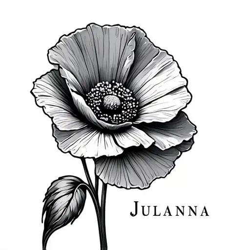 Simple Line Tattoo Of A Poppy Flower With The Name Julianna As The Stem