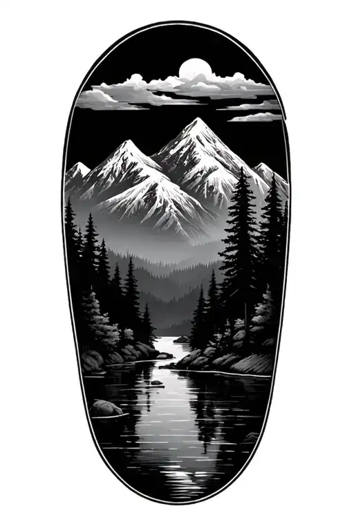 Mountain Range And Forest With Water