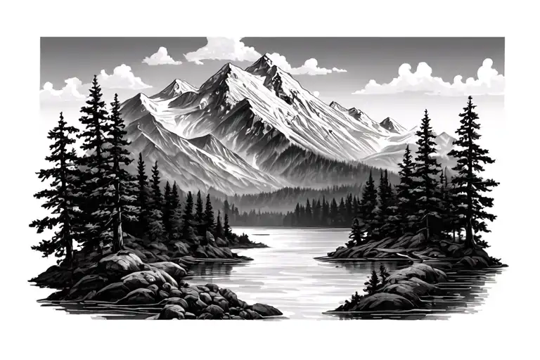 Half Sleeve Band Tattoo Of A Mountain Range With Trees And Water In Black And Gray