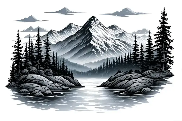 Half Sleeve Band Tattoo Of A Mountain Range With Trees And Water In Black And Gray