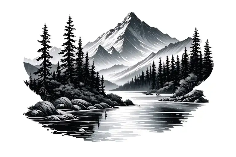 Half Sleeve Band Tattoo Of A Mountain Range With Trees And Water In Black And Gray