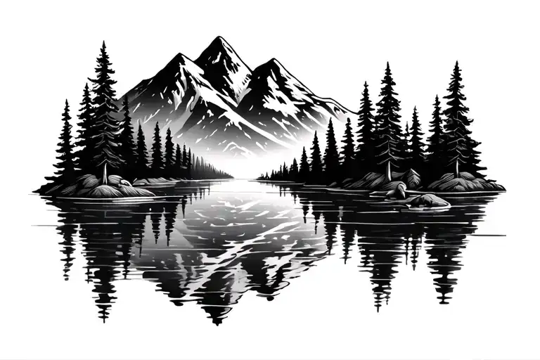 Mountain Range With Trees Reflecting In Water