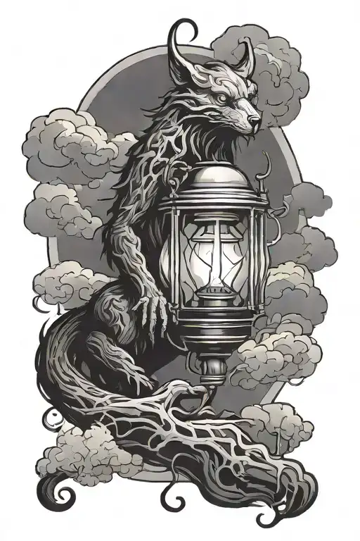 Dark Creature And A Lantern Surrounded By Clouds