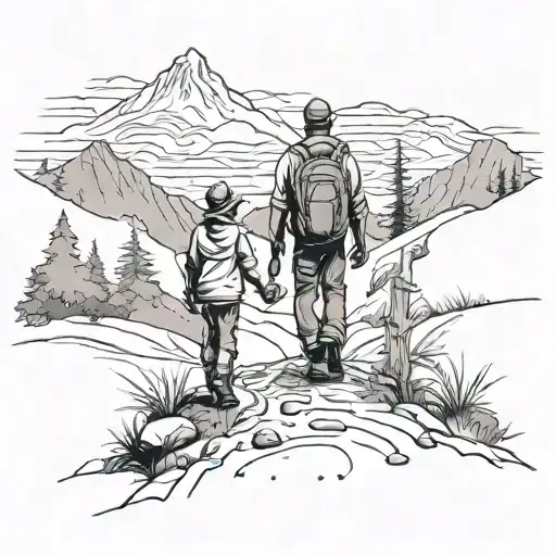 Man And Little Girl Silhouette Walking Down Forest Trail With Mountain In The Background