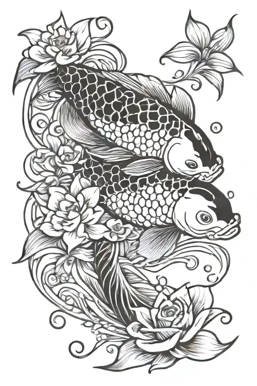 Koi Fish With Flowers And Water Waves