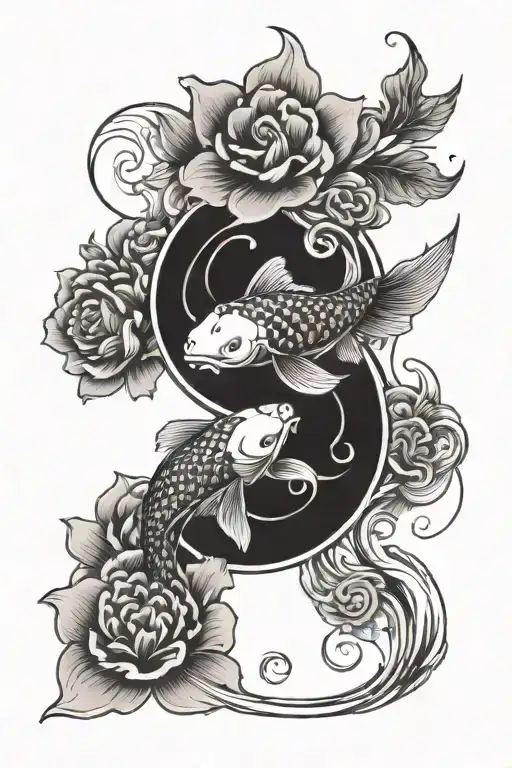Koi Fish Yin And Yang With Flowers And Water Waves