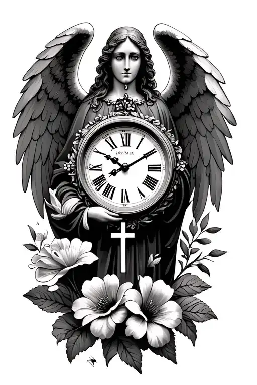 Guardian Angel Watching Over Birth Clock With Flowers And A Cross