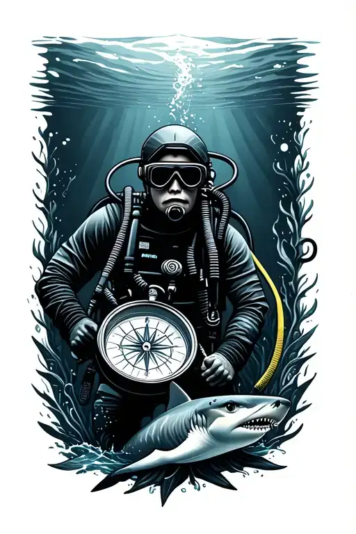 Scuba Diver With Compass And Ocean Scene With Shark