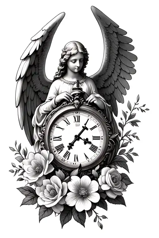 Guardian Angel Watching Over Birth Clock With Flowers And A Cross