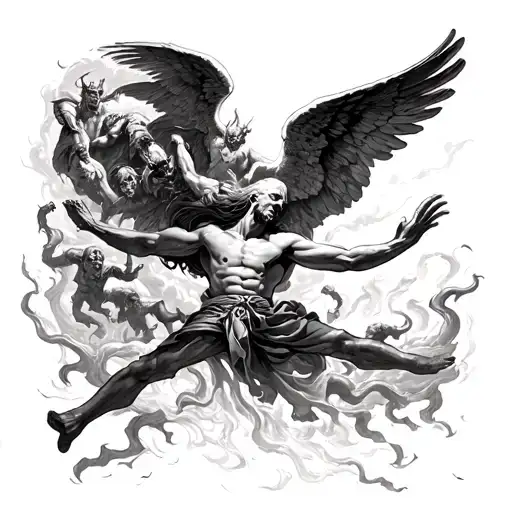 Man Being Dragged To Hell By Demons Saved By Angel Coming From The Sky Reaching Hand Out