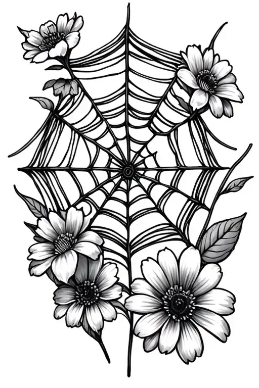 Spider Web And 3 Flowers Around The Spider Web