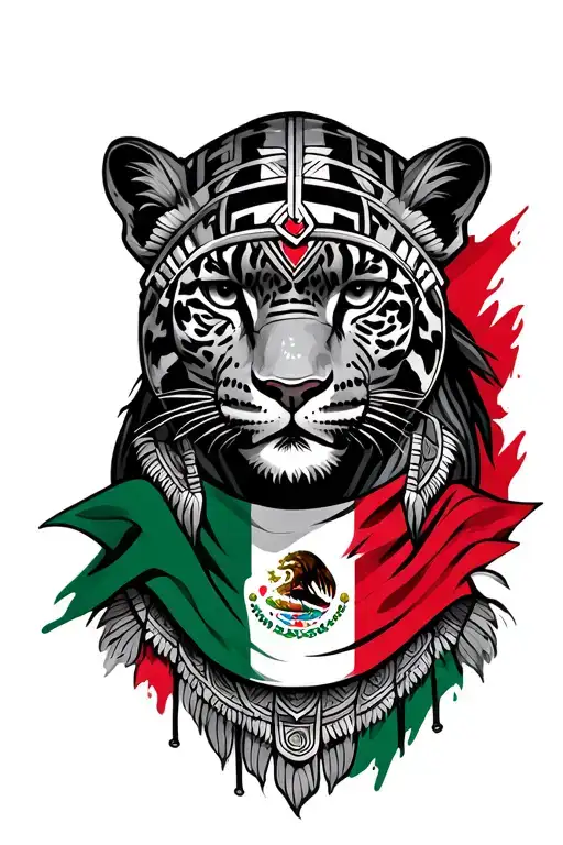 Aztec Jaguar Warrior With Mexican Flag Intertwined