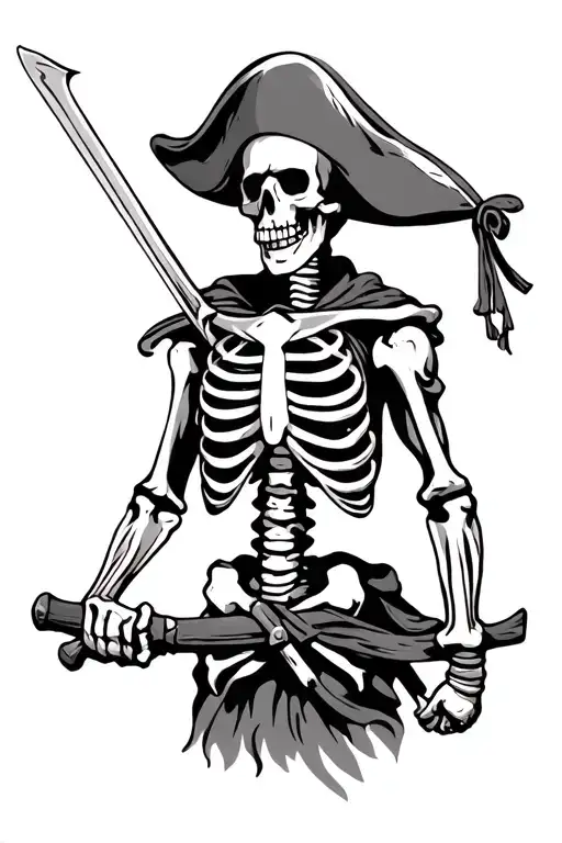 Skeleton Pirate Full Body Wearing A Pirate Hat Holding A Sword