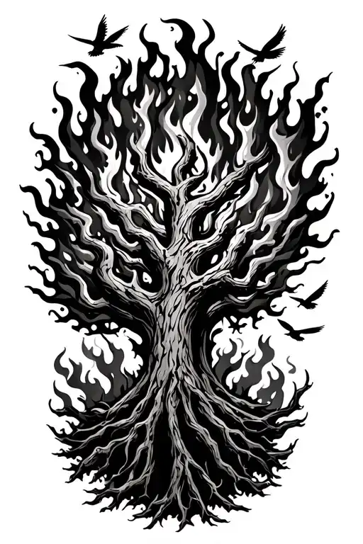 Poision Tree On Fire With Birds Flying