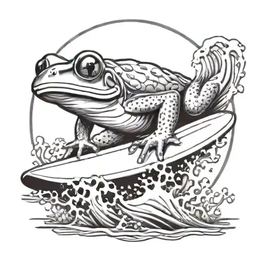 Give Me A Tattoo Design Of A Red Frog Surfing On A Surfboard In A Barrel Under A Reef