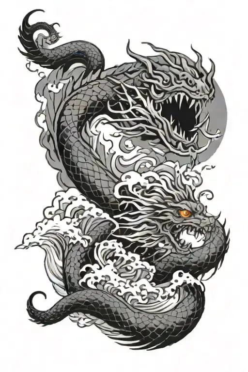 Japanese Dragon Breathing Air On Waves And A Pirateship