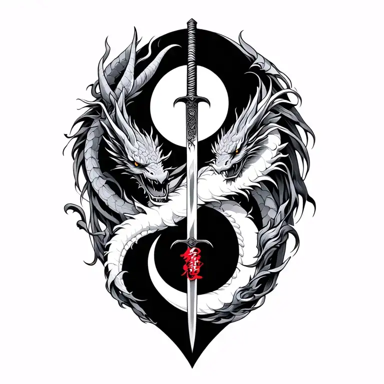 Dragon Ying Yang Symbol Wrapping Round A Samurai Sword