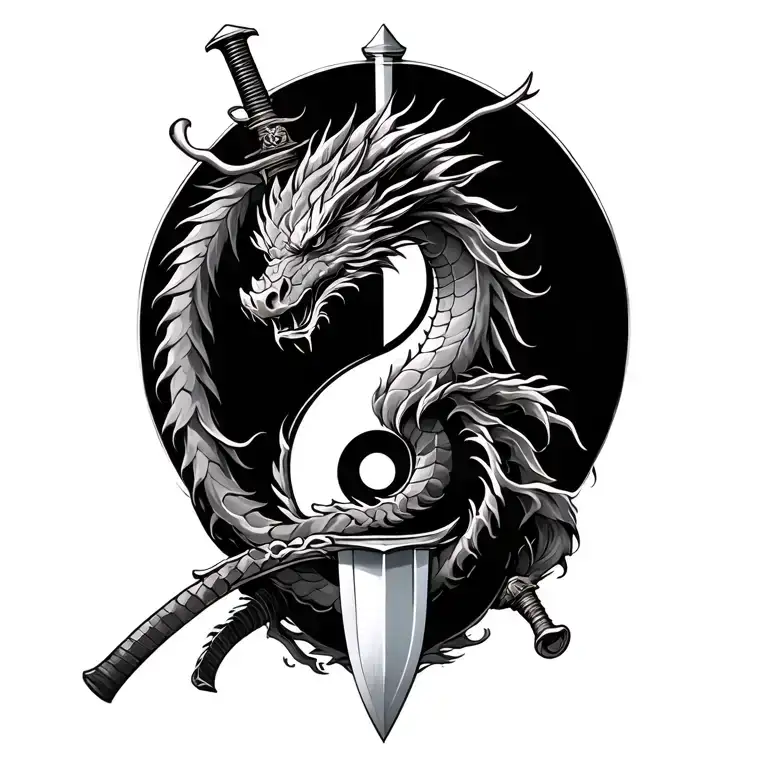 Dragon Ying Yang Symbol Wrapping Round A Samurai Sword
