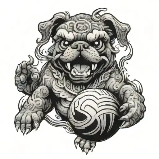 Ferocious Pug Foo Dog With A Ball