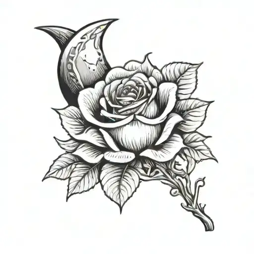 A Hand Holding A Half Moon With Stem Of Rose