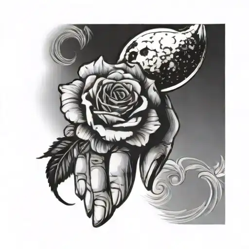 A Hand Holding A Half Moon With Stem Of Rose
