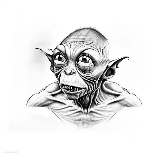 A Realistic Black-grey Portrait Of Gollum With His Iconic 'My Precious' Expression