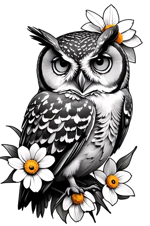 Owl With Daffodils Daisy Sweet Pea Peony Flowers