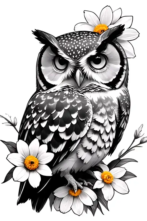 Owl With Daffodils Daisy Sweet Pea Peony Flowers