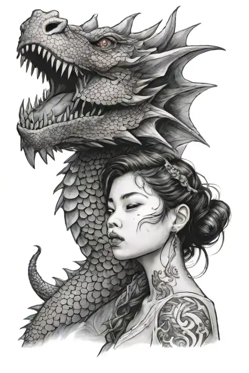 Young Girl Kissing Big Dragon