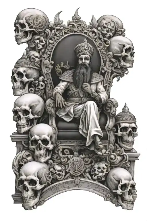 Mountain Of Skulls With Maharaja Ranjit Singh Sitting On A Throne On Top Of The Skulls