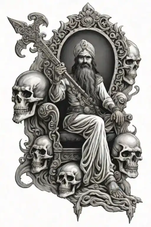 Mountain Of Skulls With Maharaja Ranjit Singh Sitting On A Throne With A Sword On Top Of The Skulls
