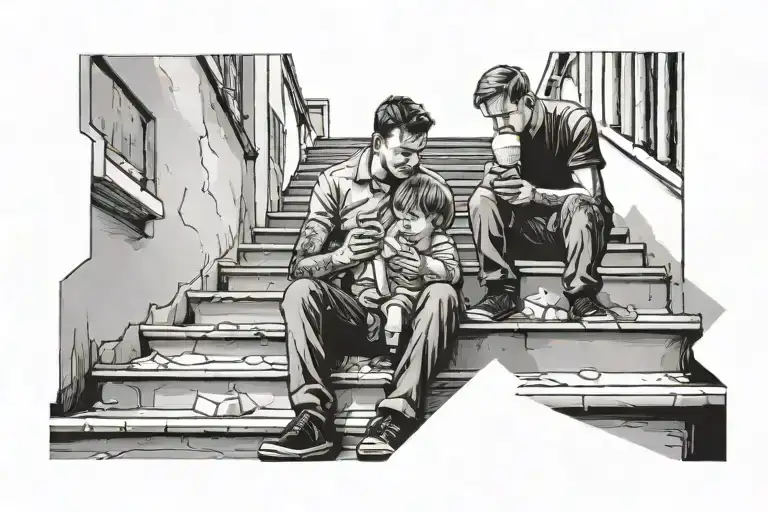 Dad And Son Eating Ice Cream On The Bottom Of A Set Of Stairs