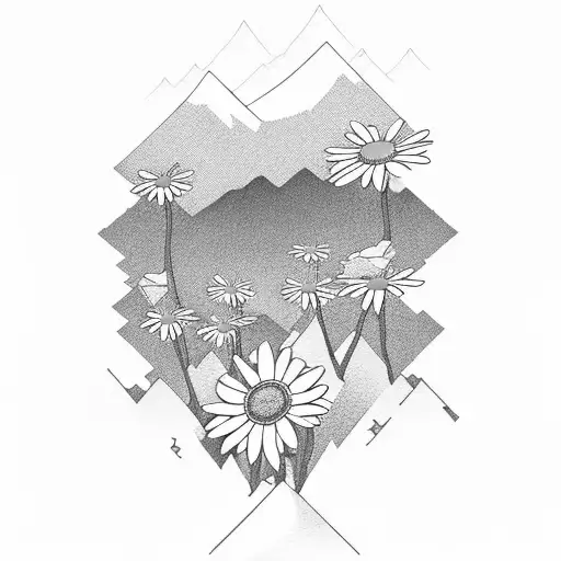 A Serene Field Of Daisies With A Mountain Range In The Distance