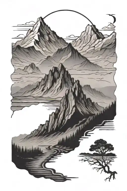 Silhouettes At The Front With Mountains In The Background