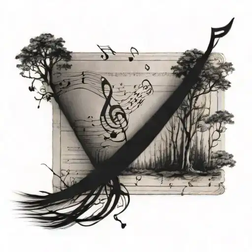 A Black And Grey Tattoo Of A Music Sheet Winding Through A Forest Scene