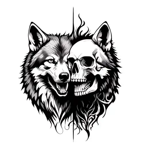 Wolf And Skulls Facing Each Other