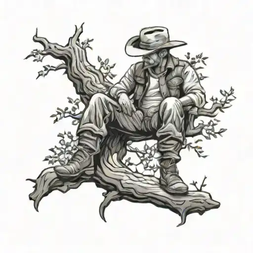 Cowboy Sitting Down Of A Tree