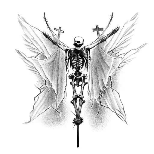 Crucified Skeleton Body With Crown Of Thorns And With Flame-like Wings From Behind