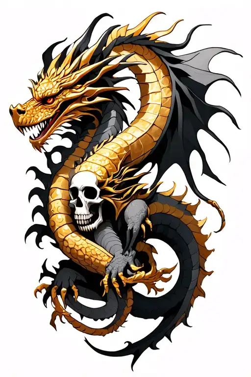 Dragon With Gold And Skulls Surrounded