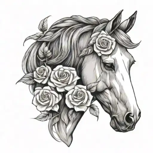 Horse Head And Roses Very Detail Black And White