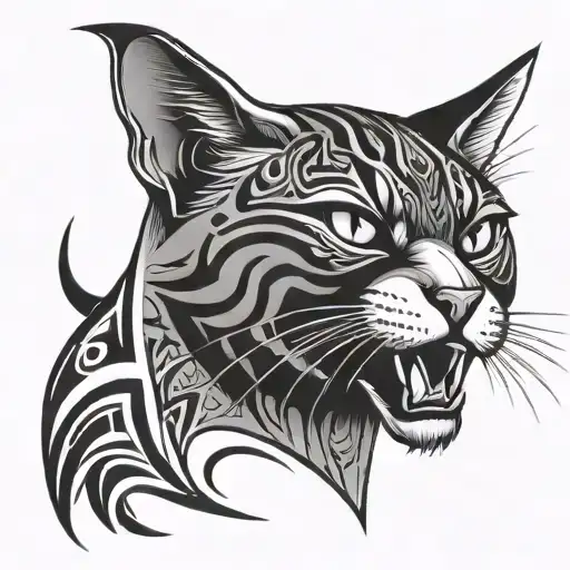 Aggressive Black And White Domestic Cat Head In Attack Tribal