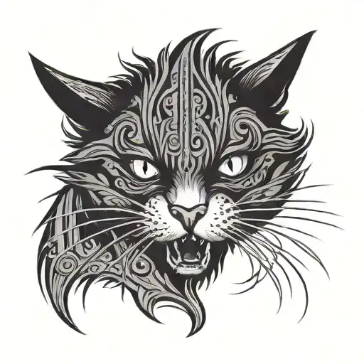 Aggressive Black And White Domestic Cat Head In Attack Tribal