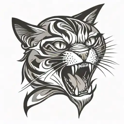 Aggressive Black And White Domestic Cat Head In Attack Tribal