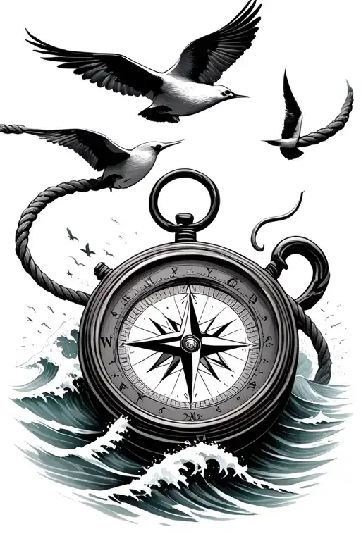 Compass Surrounded By Sea Waves And Birds Flying Away And Rope And Hook