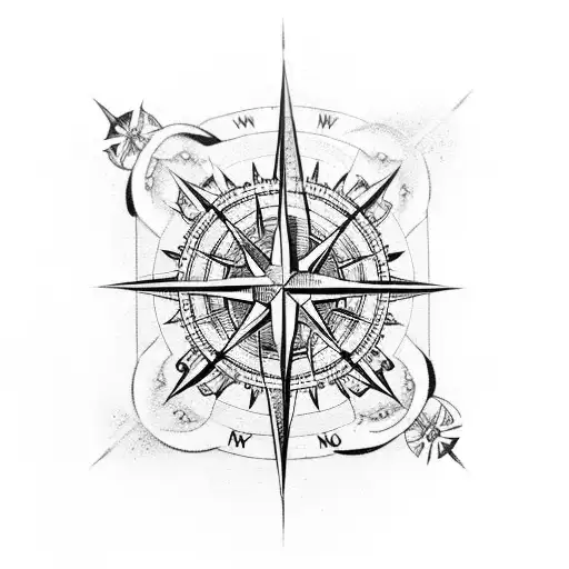 A Detailed Compass Rose Surrounded By Nautical Elements Like Anchors And Waves