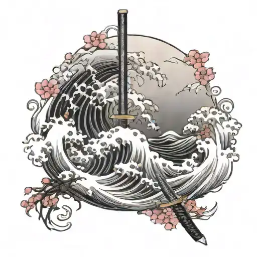 Irezumi Style Ocean Waves With Sakura Flowers And Katana Edo