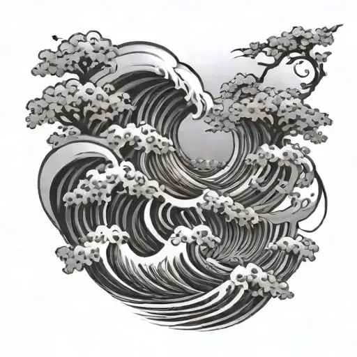 Irezumi Style Ocean Waves With Sakura Flowers From Time Edo