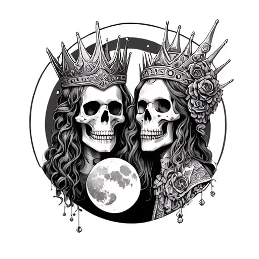 Skeleton King And Queen With Moon In The Middle Of Them