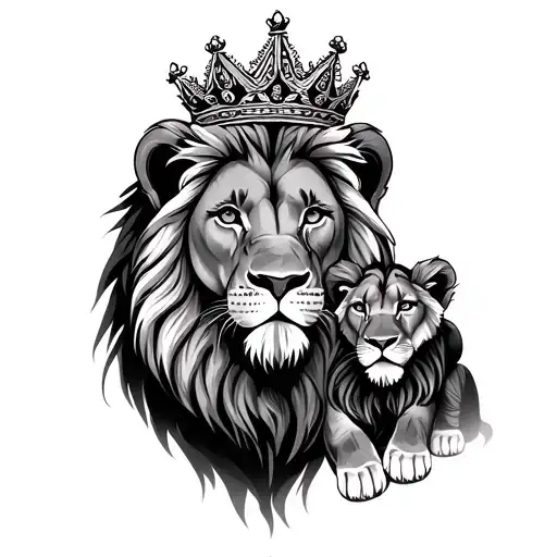 Lion With Crown With Lioness And Cub